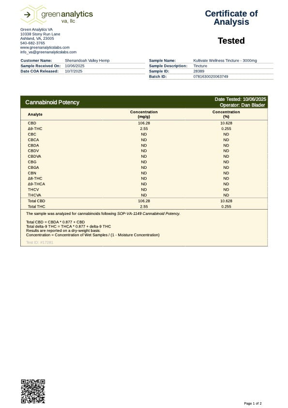 Kultivate Wellness 3000mg Full Spectrum CBD Oil