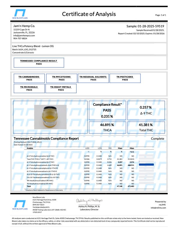 Jam'N Hemp Live Resin THCA Cartridge 1g - Kultivate Wellness