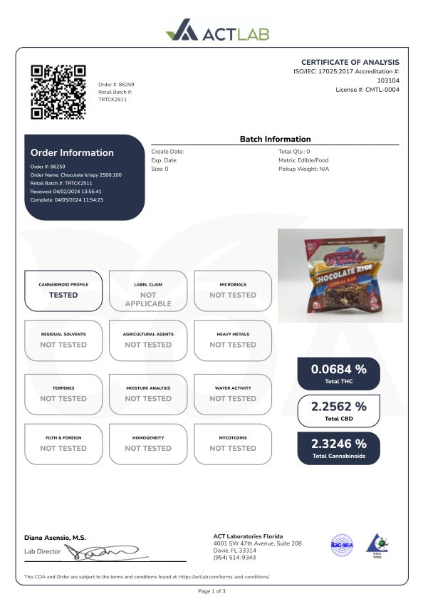 Treats VA Legal 25:1 2500mg:100mg CBD:THC Rice Cereal Bar