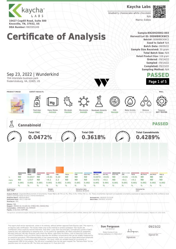 Wunderkind CBD:THC Blueberry Kush Terpene Infused White Chocolate 30mg