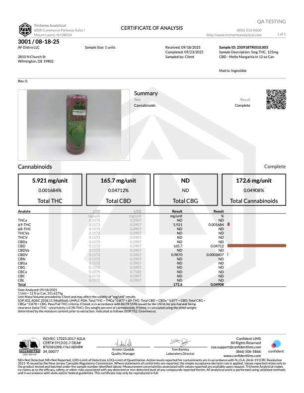 Yana Wellness Mellow Margarita THC Sparkling Water 5mg
