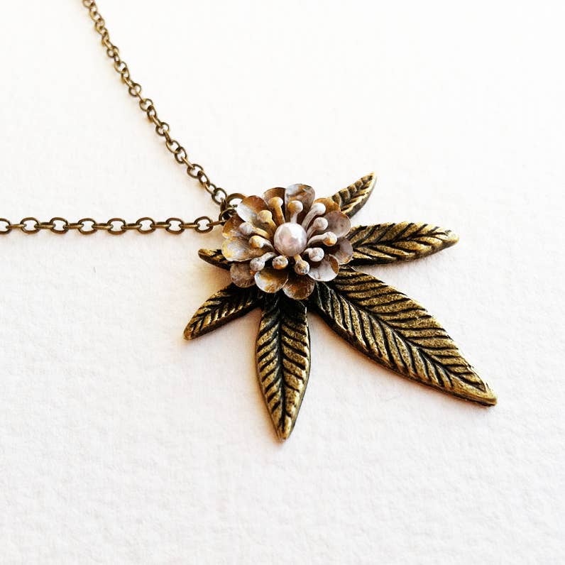 Bronze Pearl Flower Cannabis Weed Necklace Smokies Toke Couture
